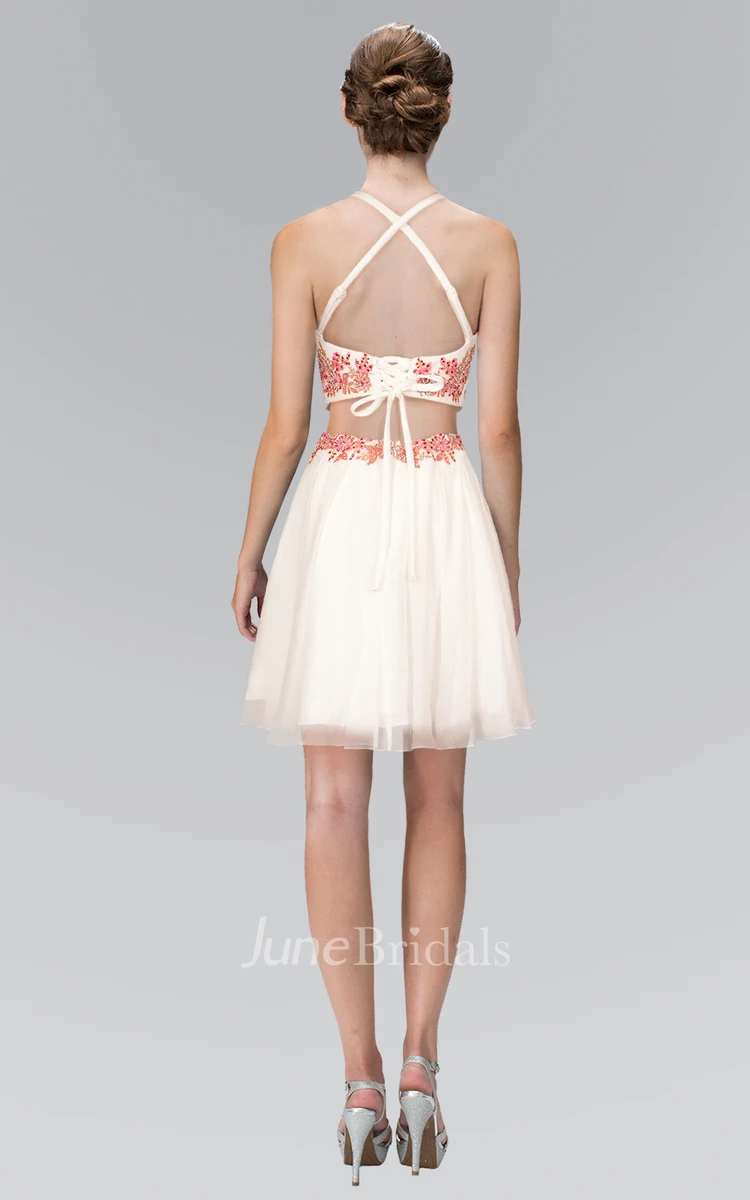 Illusion A-Line Short Jewel-Neck Sleeveless A-Line Lace-Up Dress With Appliques