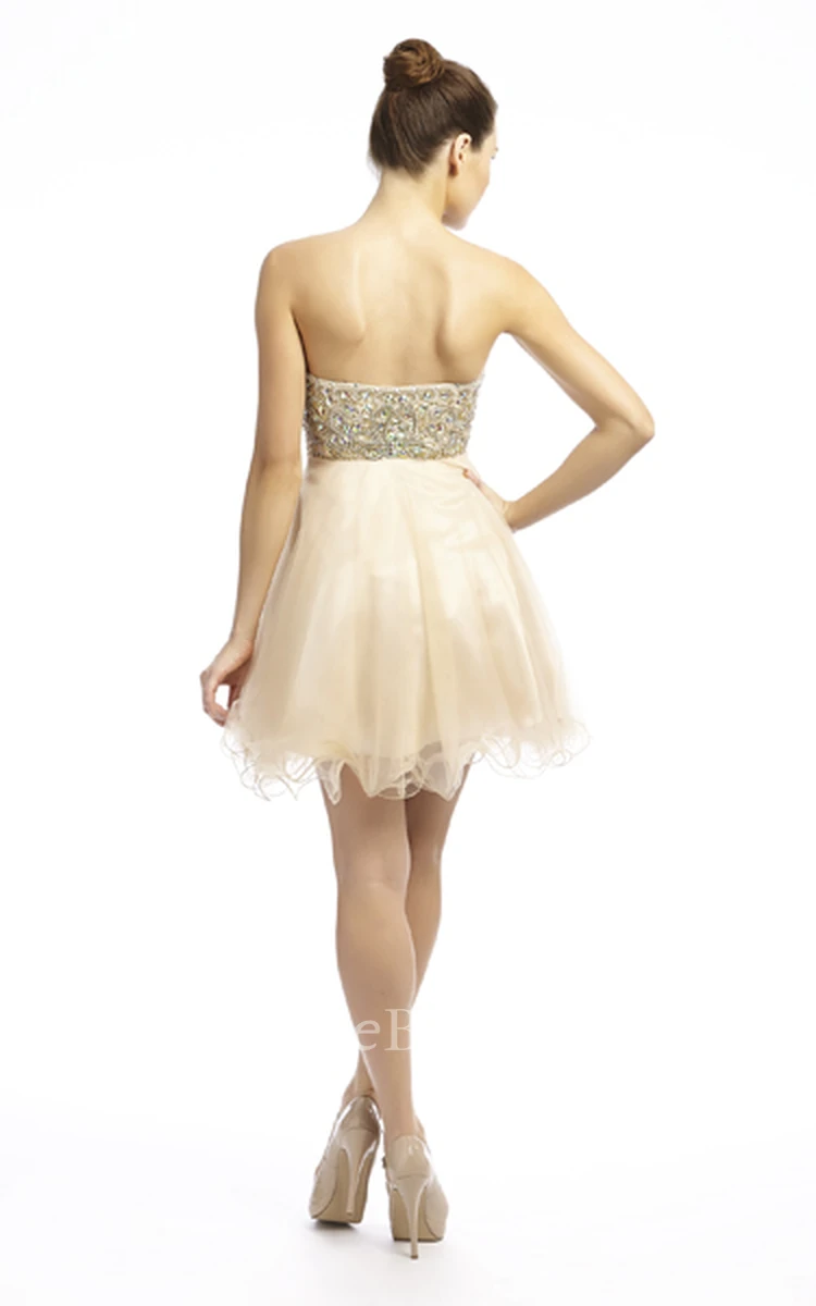 A-Line Mini Beaded Sleeveless Sweetheart Tulle Prom Dress