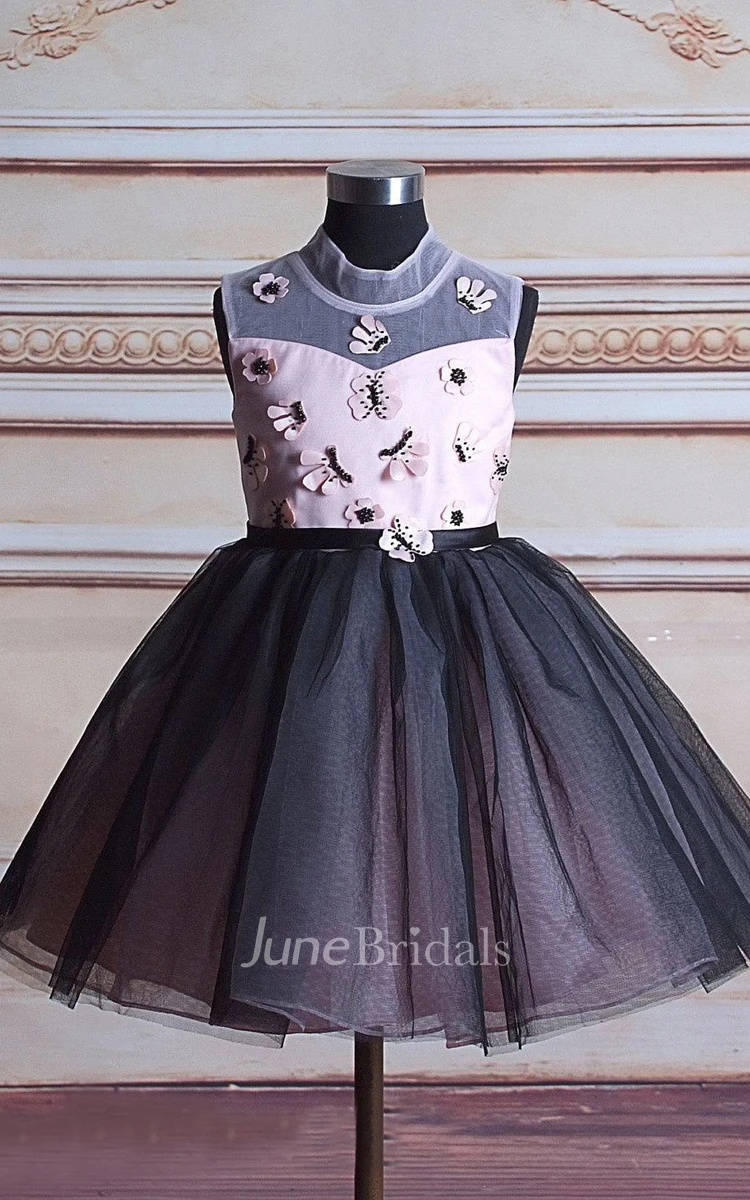 Ball Gown High Neck Cap Sleeve Tulle Dress With Beading&Flower