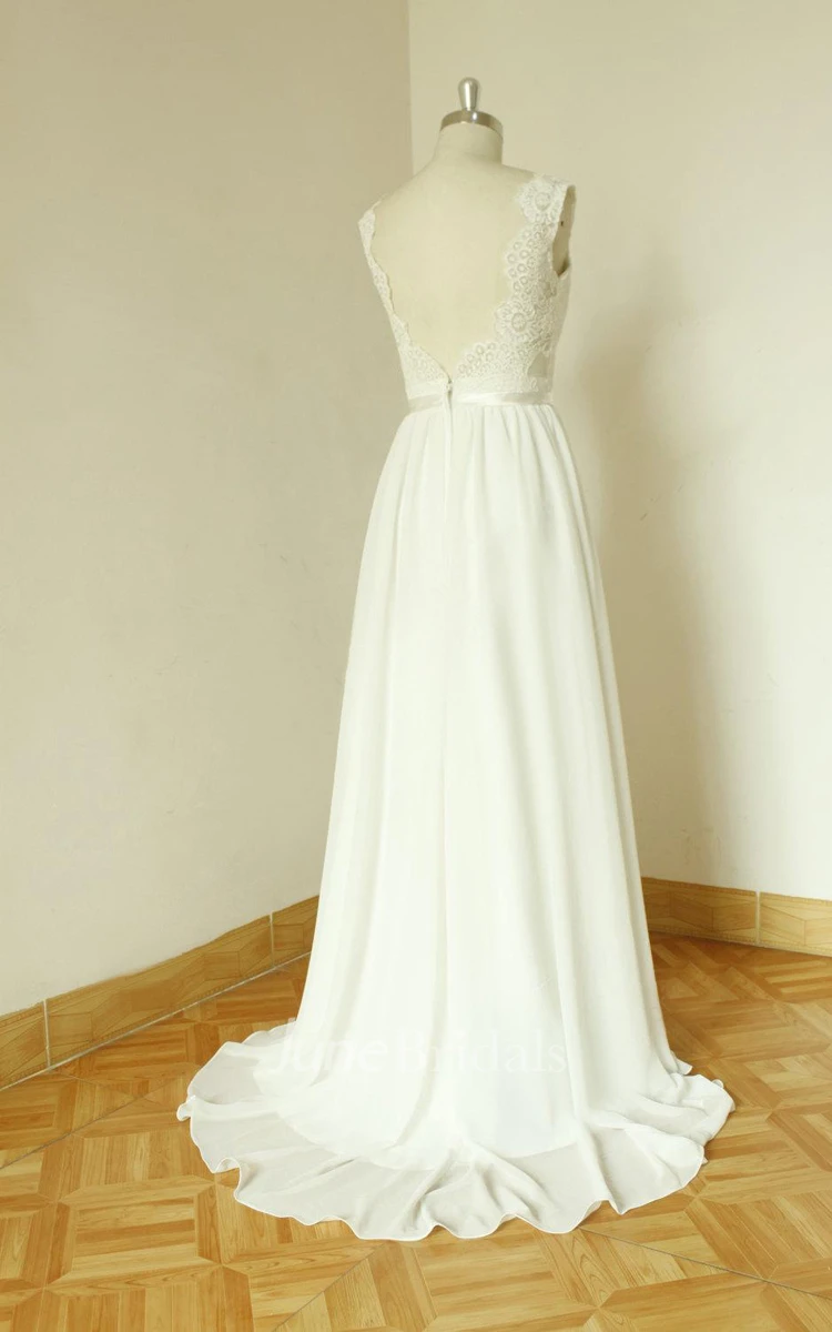 V-Neck Sleeveless Long Chiffon Wedding Dress With Sash And Deep-V Back