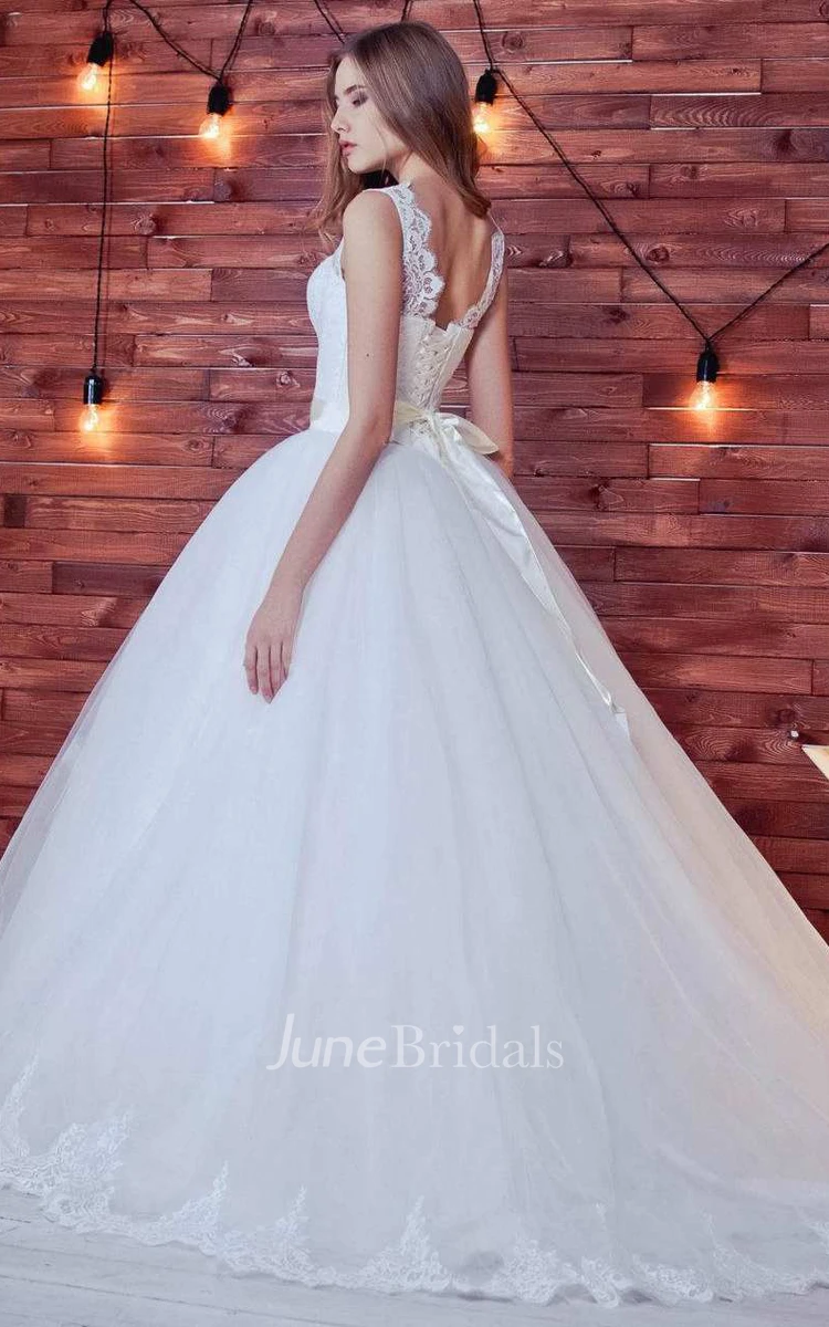 Ball Gown Straps V-Neck Tulle Lace Wedding Dress