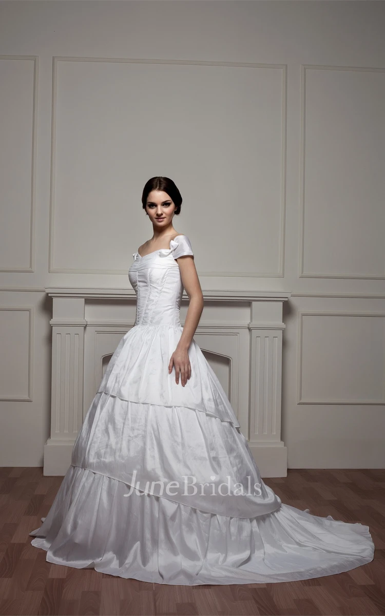 Off-The-Shoulder A-Line Gown with Ruching and Court Train