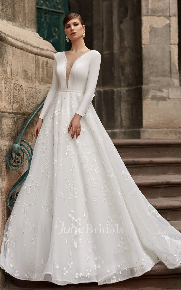 Modern Satin A Line Court Train Wedding Dress with Appliques and Beading