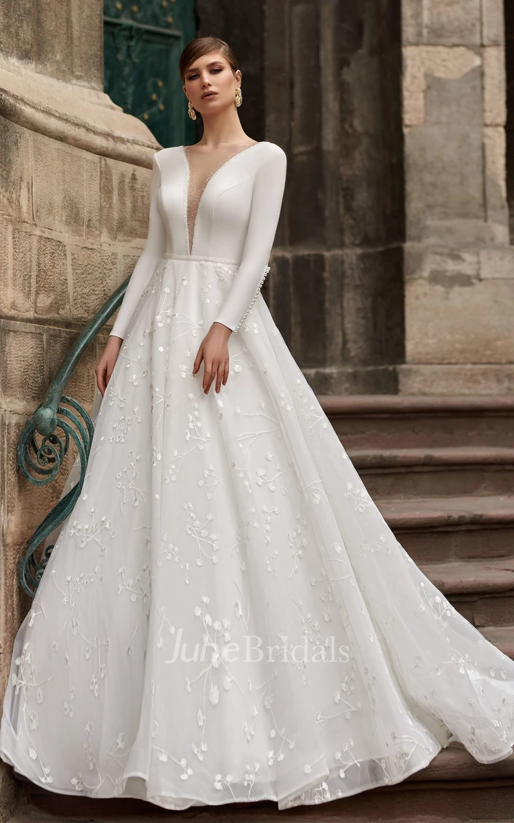 Long Sleeve A Line Satin Wedding Gown with Train Lace Appliques