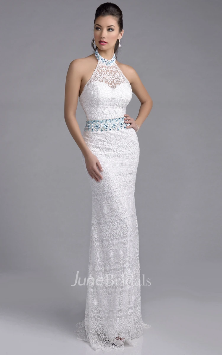 Halter Sheath Lace Prom Dress With Rhinestones On Waist And Neck