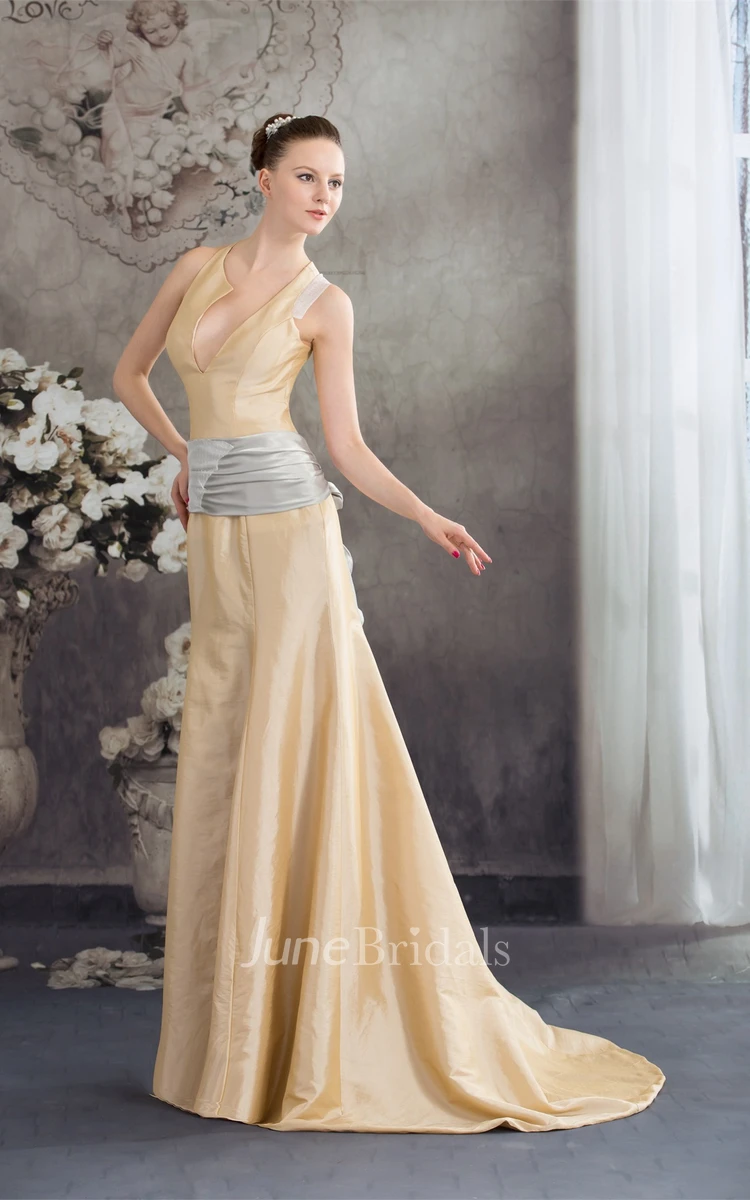 Sleeveless Taffeta Column Dress with Ruched Waist