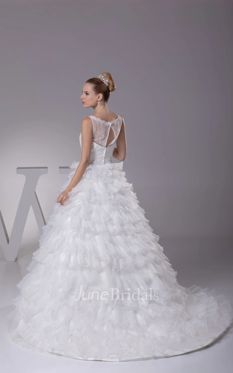 Square-Neck Appliqued A-Line Ball Gown Dress Tiers and Beaded Waist