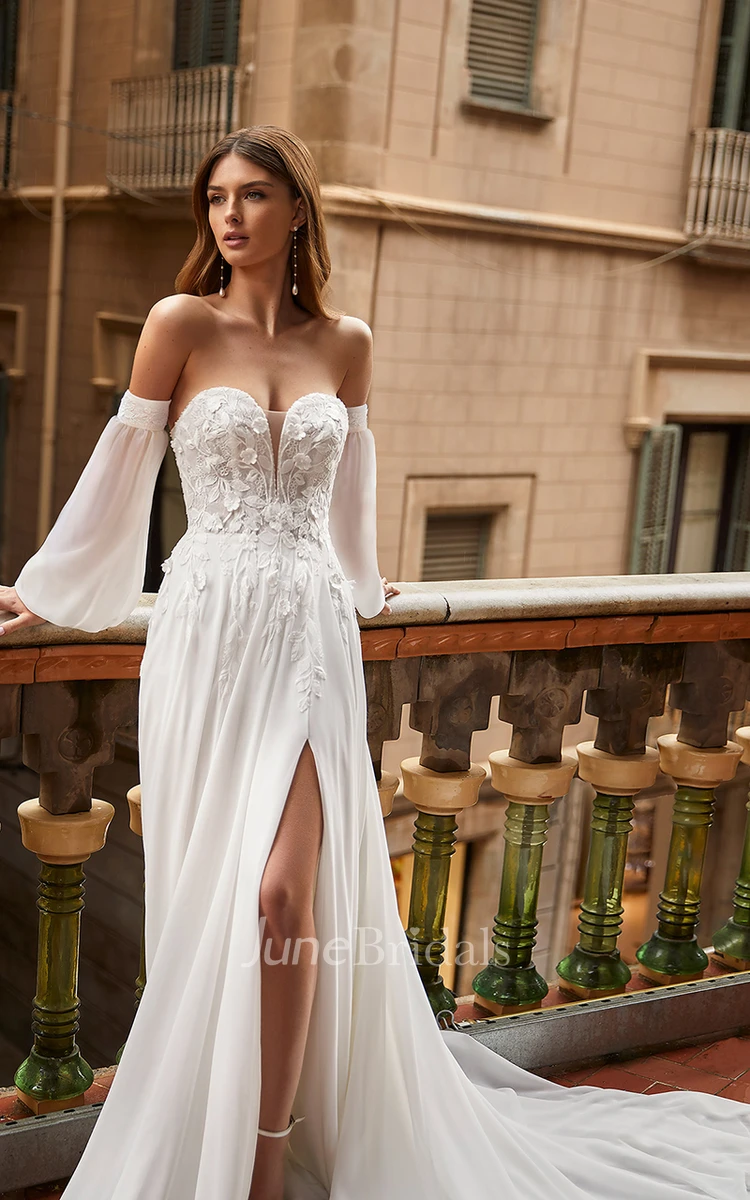 V-neck Casual Beach A-Line Wedding Dress With Zipper Back And Appliques