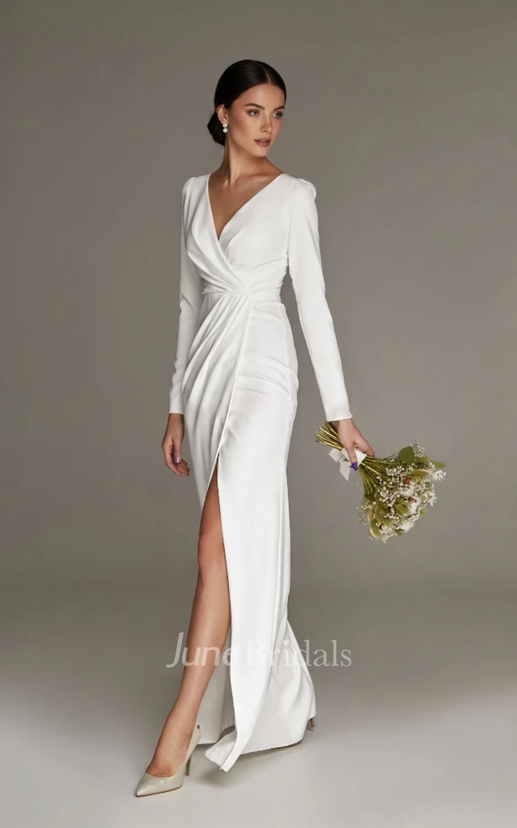 Simple Sheath Long Sleeve Warm Wedding Dress V-neck Floor-length Reception Gown with Split