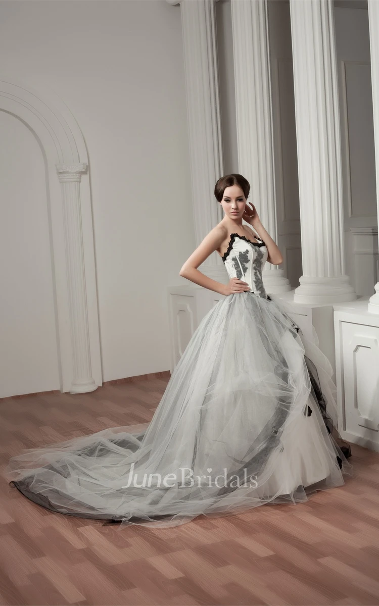 Strapless Tulle A-Line Dress with Appliques and Flower