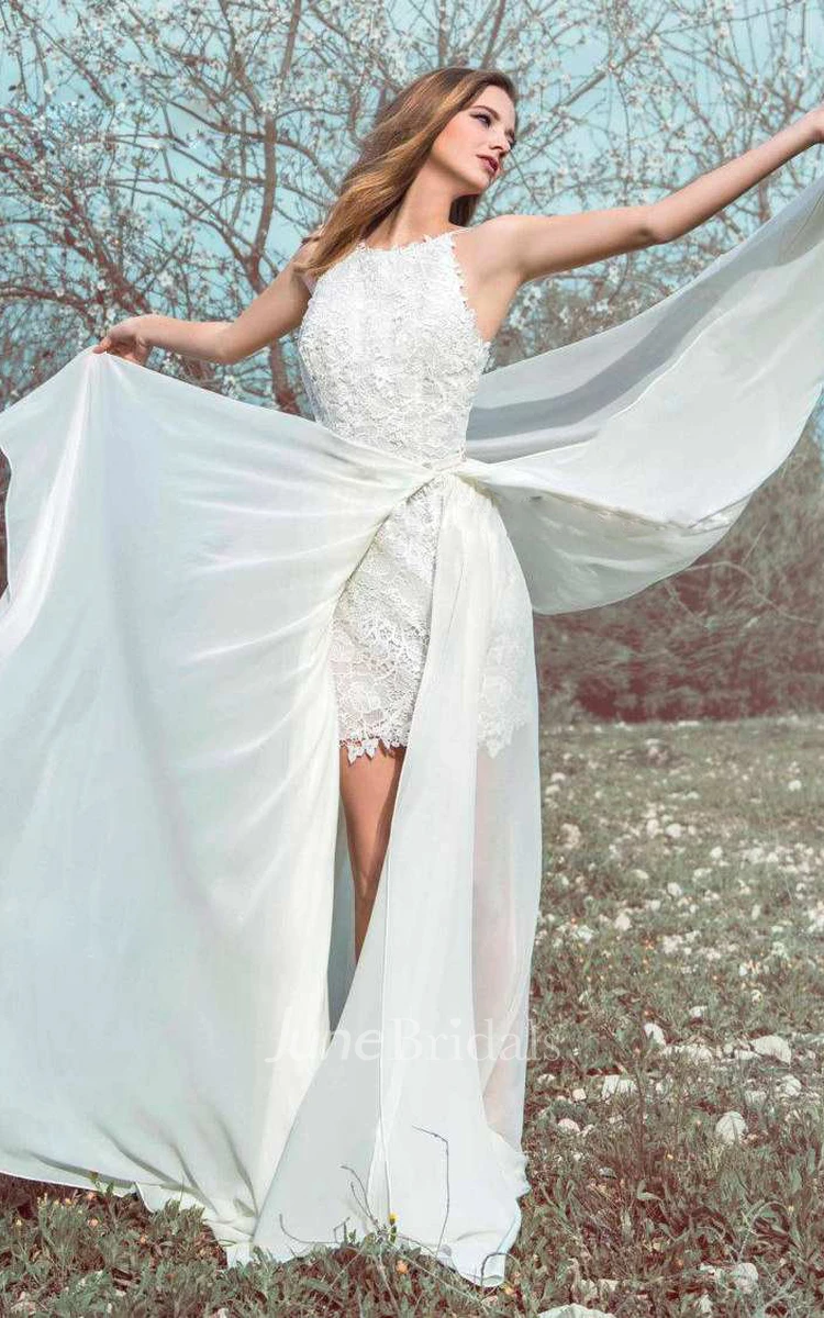 High Neck Sleeveless Lace Wedding Dress With Chiffon Skirt