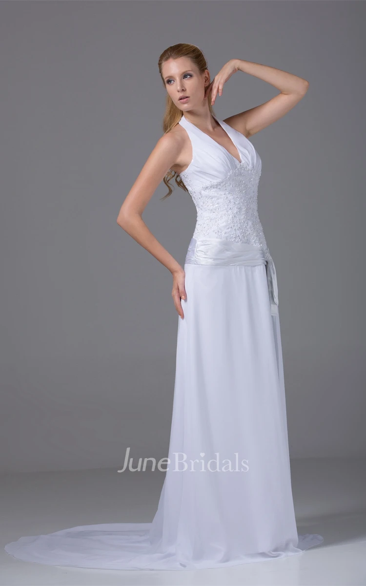 Plunged Sleeveless Maxi Dress with Halter and Appliques