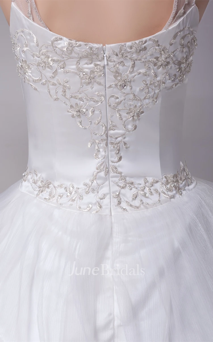 Strapped Tulle Ball Gown with Embroideries and Illusion
