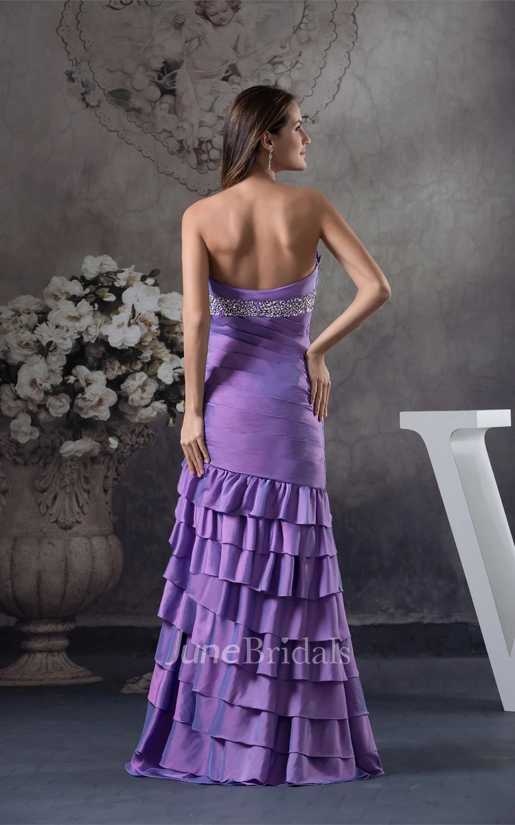 Strapless Ruched Front-Split Dress with Tiers and Jeweled Waist