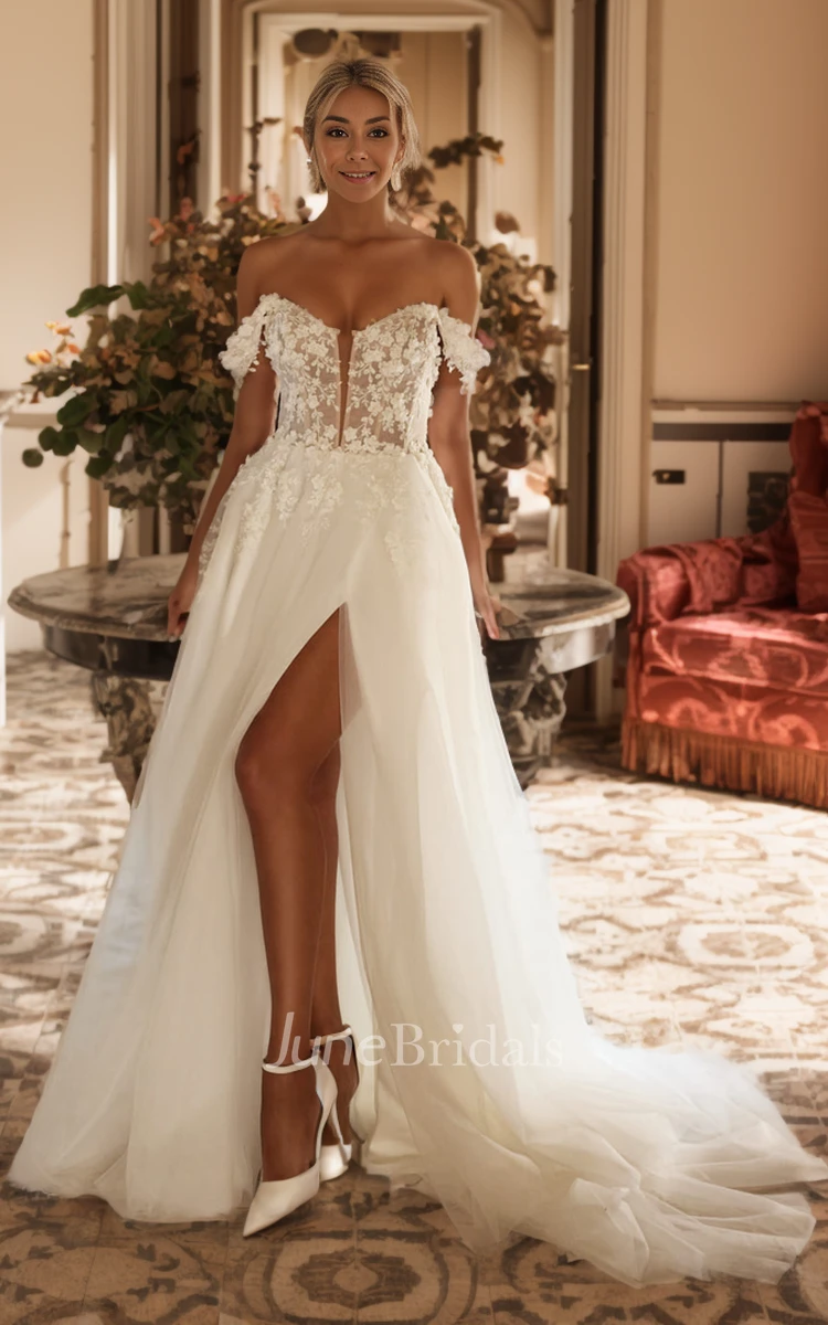 Fairy Ethereal A-Line Off-the-Shoulder Lace Wedding Dress Sexy Romantic Split Front Backless Bridal Gown