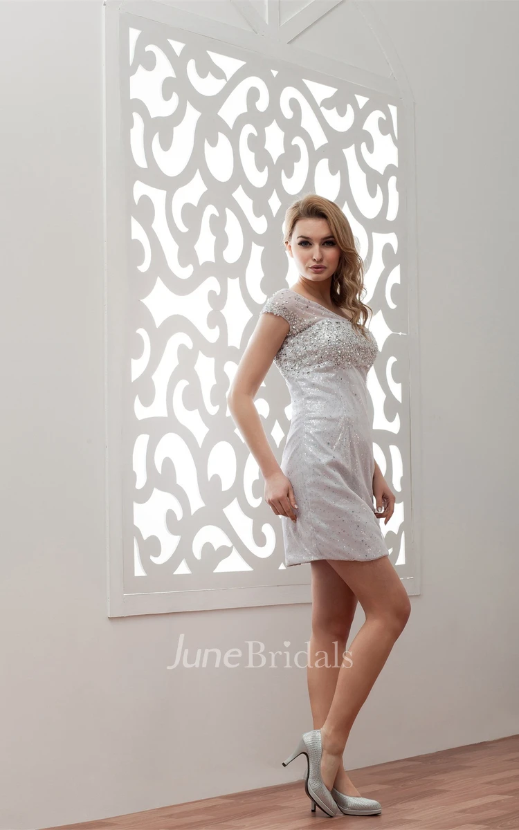 One-Shoulder Illusion Pencil Mini Dress with Beading and Sequins
