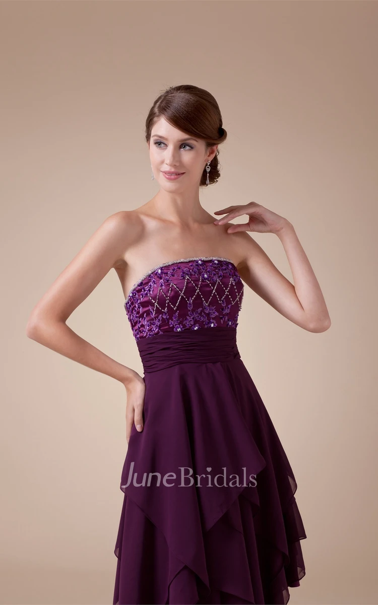 Strapless Layered Tea Length Dress with Beadings and Cinched Waistband