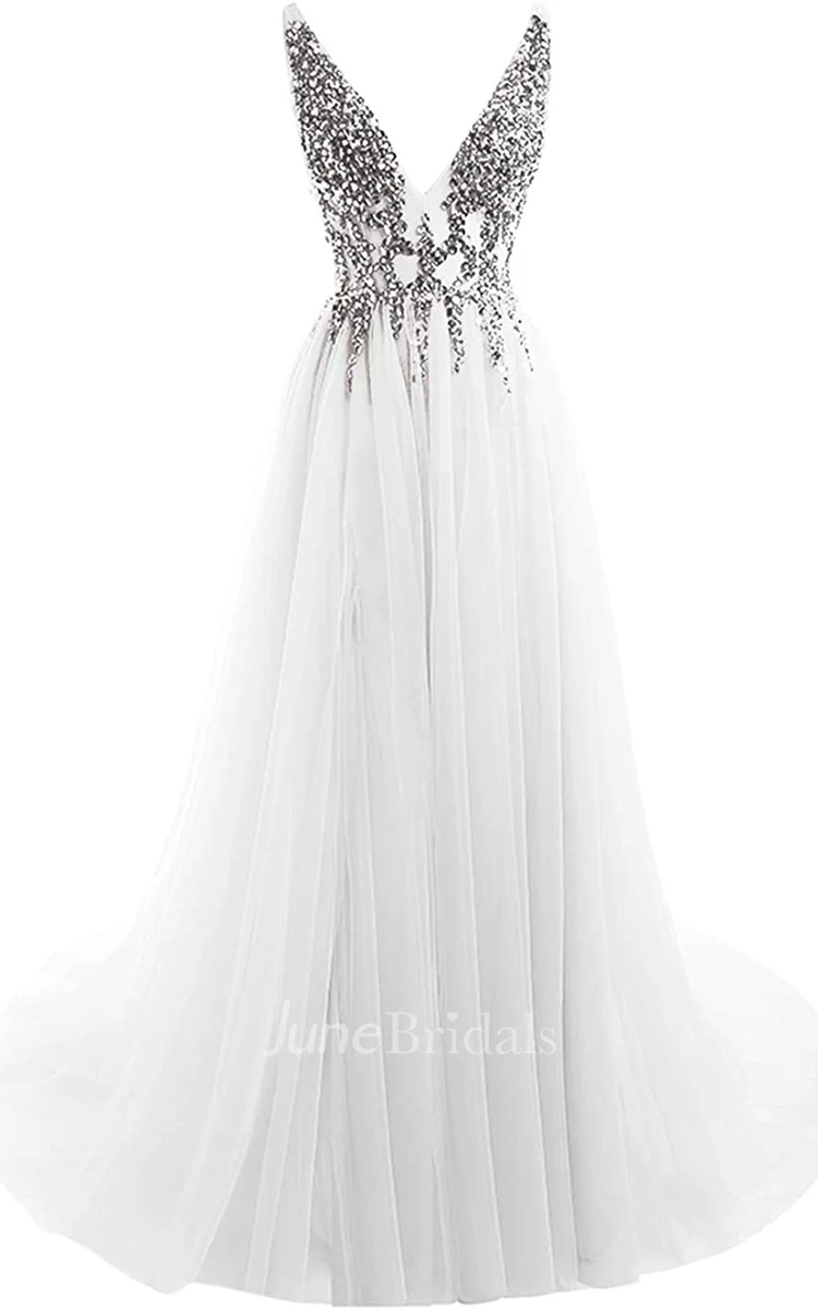 Romantic A Line V-neck Tulle Sleeveless Prom Dress