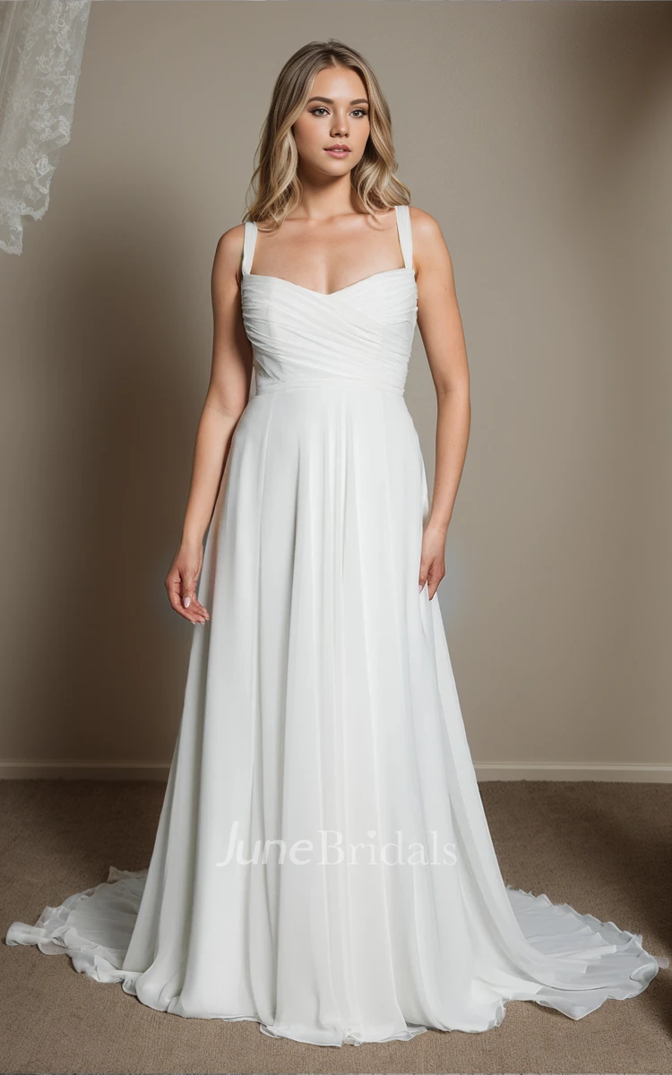 Simple Solid Chiffon A-Line Straps Sleeveless Ruching Sweetheart Neckline Wedding Dress Elegant Sexy Beach Floor-length Court Train Backless Button Zipper Back Bridal Gown