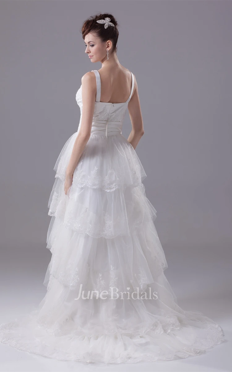 Strapped A-Line Tiered Dress with Lace and Rhinestone