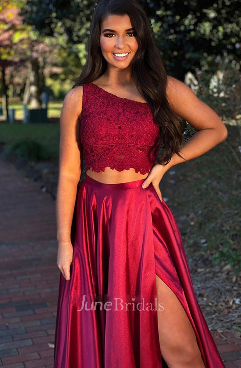 one shoulder two piece prom dress