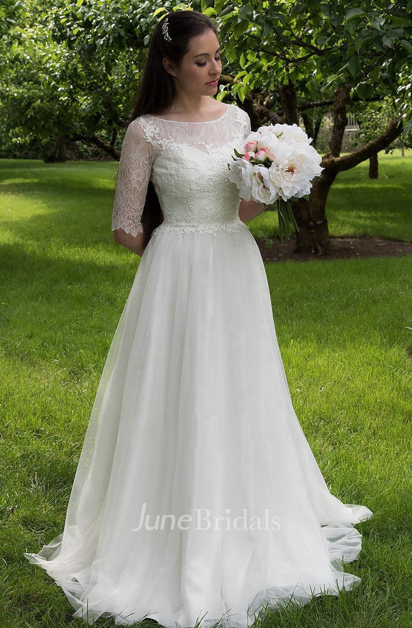 Long A Line Tulle and Lace Wedding Dress With Elbow Sleeves   June ...